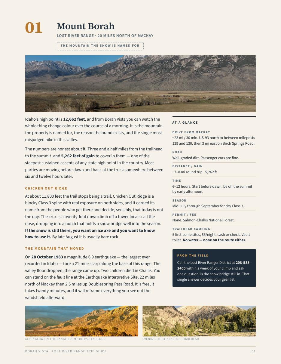 The Mount Borah page — hero photo, body copy and an At a glance fact panel