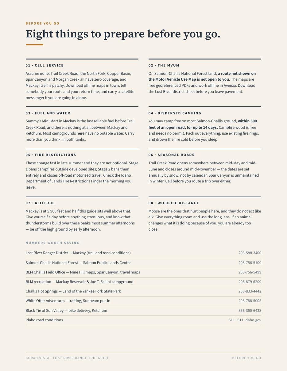 The Before you go page — eight things to prepare and a list of phone numbers