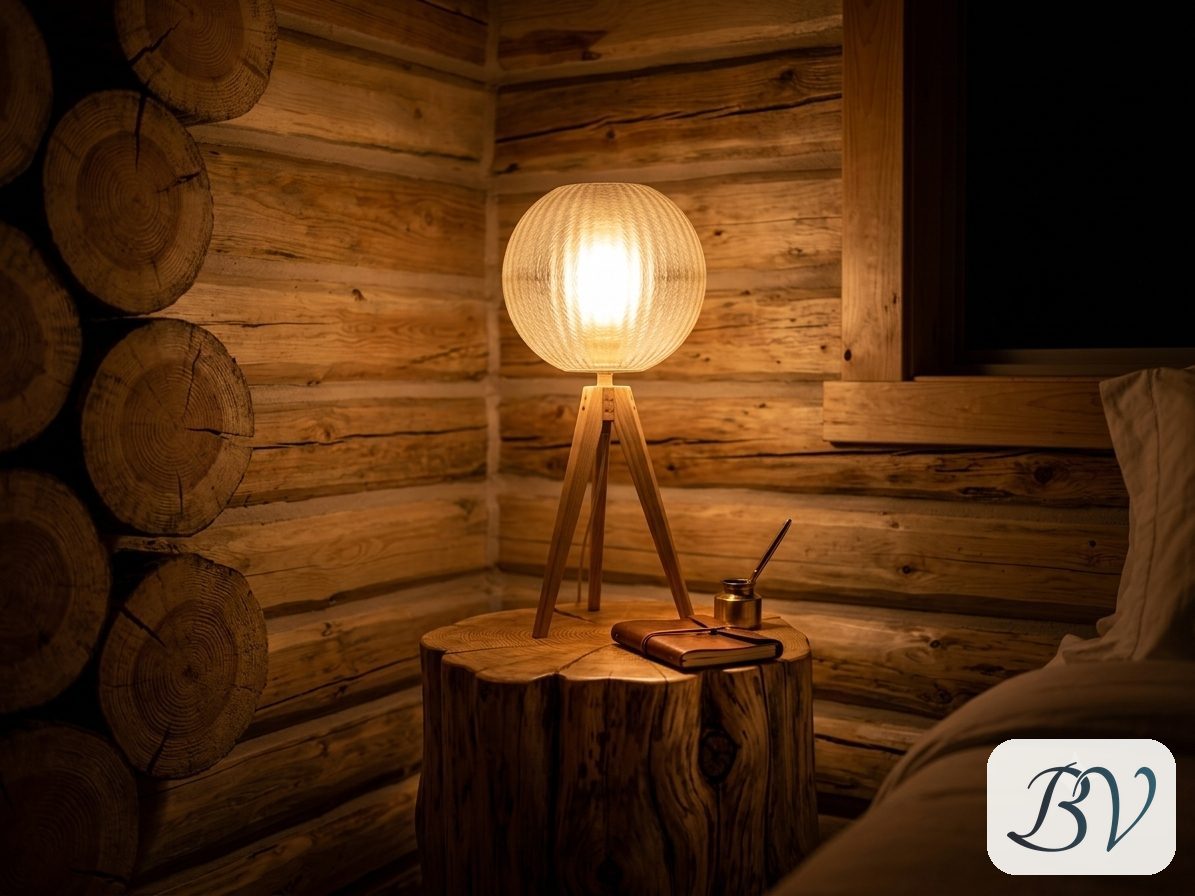 A lit lantern against the cabin log wall