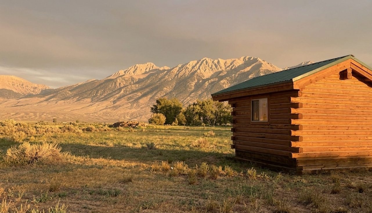 The log cabin in sagebrush with the snow-dusted Lost River Range behind it in evening light