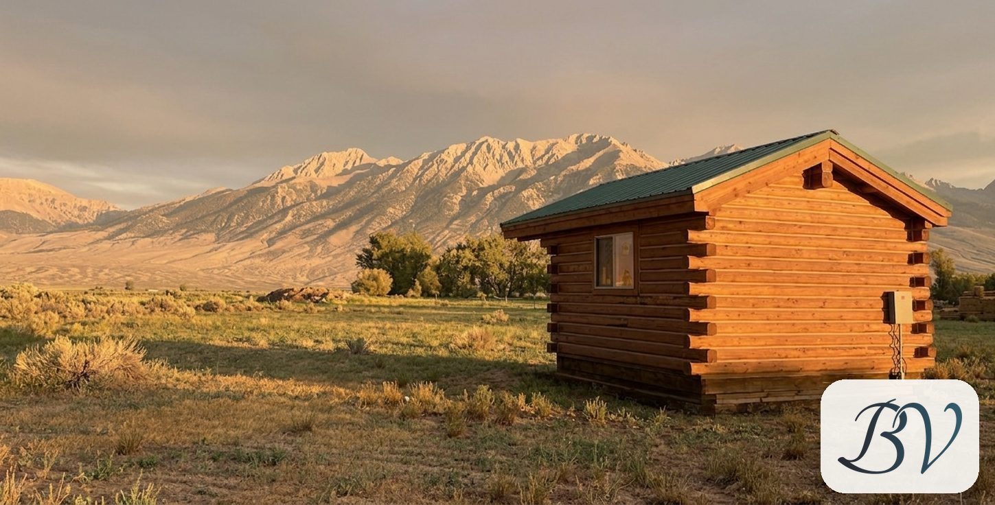 The log cabin in sagebrush with the Lost River Range behind it in evening light