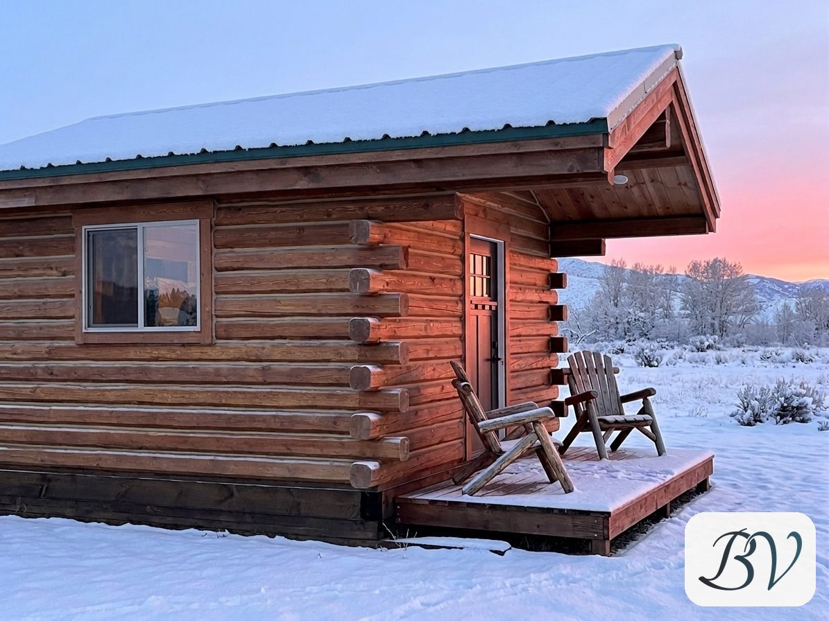 The log cabin under snow at sunset, with a cleared deck and two Adirondack chairs outside the door