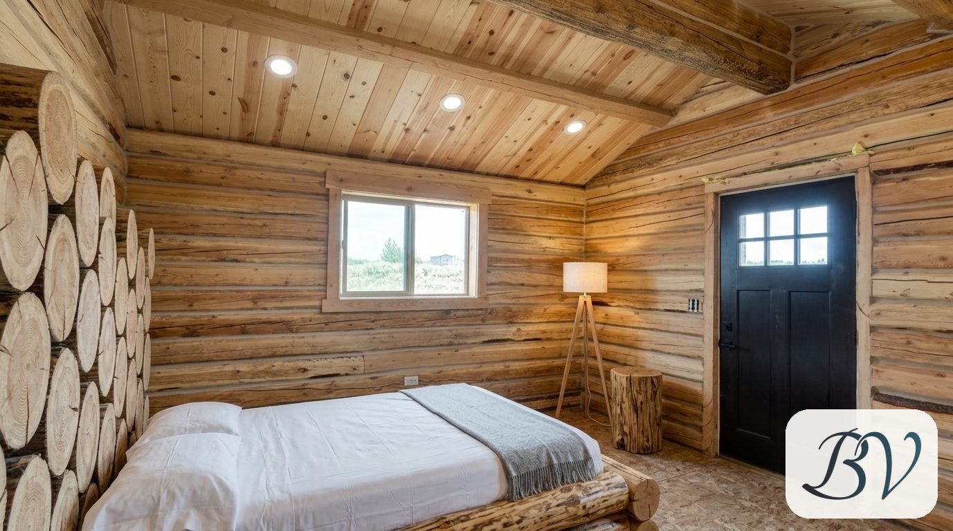 Rendering of the cabin interior with a made bed, window onto the valley and a floor lamp