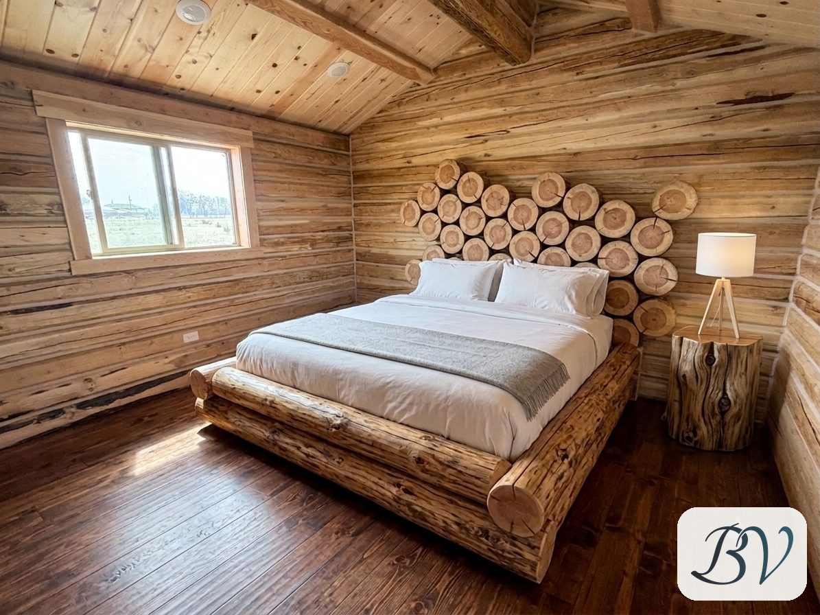 Rendering of the finished cabin interior with a log-frame bed, log-round headboard and plank floor
